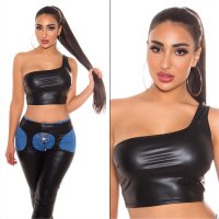 Sexy womens cropped one-shoulder top in leather look black