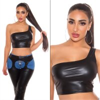 Bauchfreies One-Shoulder Crop Top in Leder-Look Schwarz