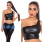 Bauchfreies One-Shoulder Crop Top in Leder-Look Schwarz