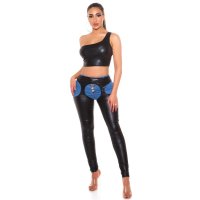 Sexy womens cropped one-shoulder top in leather look black UK 10 (S)