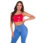 Sexy cropped womens strappy top in leather look clubwear red