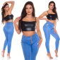 Sexy Damen Träger Crop Top in Leder-Look Clubwear Schwarz