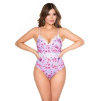 Sexy womens bodysuit top with lace and flower print lilac