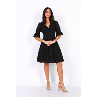 Knee-length short-sleeved summer dress with hole pattern black UK 10 (S)