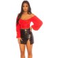 Damen Off-Shoulder Crop Shirt Langarm Latina Top Rot Einheitsgröße (34,36,38)
