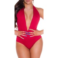 Sexy Damen Neckholder Monokini mit tiefem Ausschnitt Himbeer