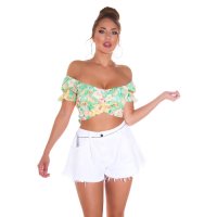 Cropped womens off shoulder top with flower print green