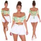 Cropped womens off shoulder top with flower print green