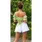 Bauchfreies Damen Off-Shoulder Top mit Blumenmuster Grün Einheitsgröße (34,36,38)