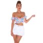 Cropped womens off shoulder top with flower print turquoise Onesize (UK 8,10,12)