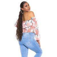 Bauchfreies Damen Chiffon Oberteil mit Blumen Weiß