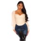 Sexy womens faux leather shirt with chiffon sleeves beige