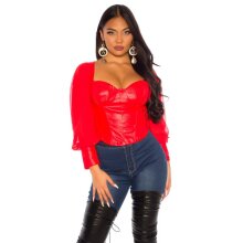 Sexy womens faux leather shirt with chiffon sleeves red