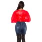 Sexy womens faux leather shirt with chiffon sleeves red