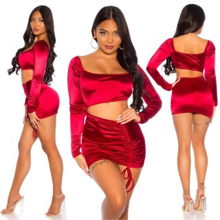 Sexy Langarm Satin Party Minikleid mit Raffung Bordeaux