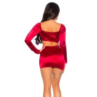 Sexy Langarm Satin Party Minikleid mit Raffung Bordeaux