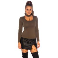 Elegantes Damen Langarmshirt mit Choker-Kragen Khaki