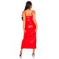 Long womens faux leather strap dress with belt red