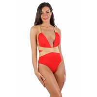 Sexy womens swimsuit with criss-cross back red/gold