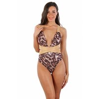 Sexy womens swimsuit with criss-cross back leopard/gold