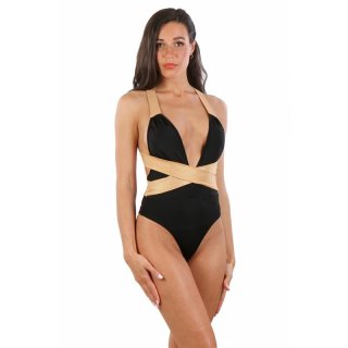 Sexy womens swimsuit with criss-cross back black-gold UK 14 (L)