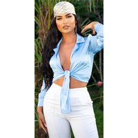 Womens cropped satin blouse with tie front baby blue