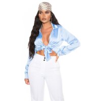 Damen Langarm Wickelbluse bauchfrei Satin Bluse Babyblau