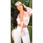 Damen Langarm Wickelbluse bauchfrei Satin Bluse Rosa