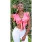 Womens cropped satin top with tie front and frills coral
