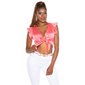 Womens cropped satin top with tie front and frills coral