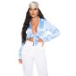 Womens cropped satin blouse with tie front baby blue Onesize (UK 8,10,12)