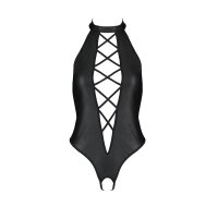 Sexy Damen Lederimitat Bodysuit mit Ouvert Clubwear Schwarz