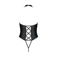 Sexy Damen Lederimitat Bodysuit mit Ouvert Clubwear Schwarz