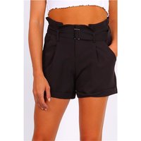 Womens paperbag shorts pants with turn-up incl. belt black