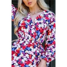 Kurzes Langarm Kleid in Wickeloptik mit Blumen Multicolor