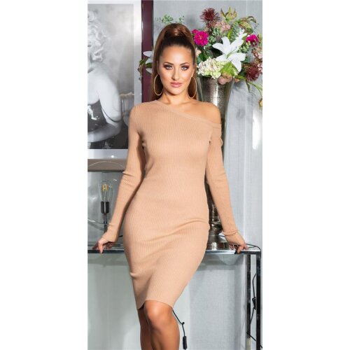 Knee-length womens rib knit dress with buttons beige