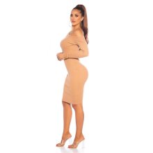 Knee-length womens rib knit dress with buttons beige
