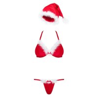 Sexy 3-tlg Damen Weihnachtskostüm Dessous-Set Rot-Weiß