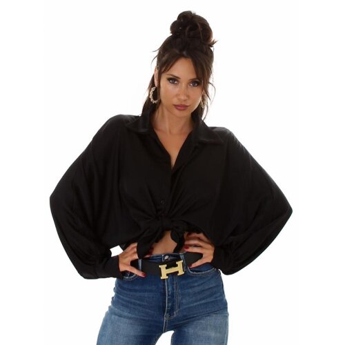 Elegante Damen Satin Wickelbluse mit Fledermausärmeln Schwarz