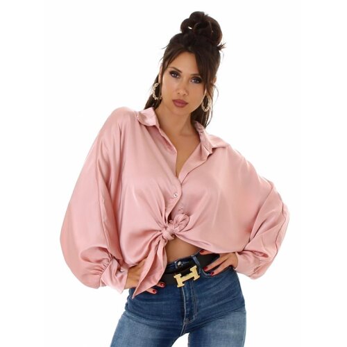 Elegante Damen Satin Wickelbluse mit Fledermausärmeln Altrosa