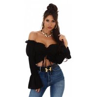 Cropped womens flare sleeve Latina top with frills black