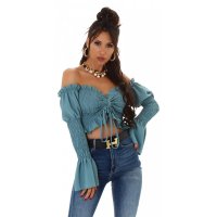 Cropped womens flare sleeve Latina top with frills green