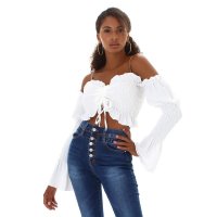 Cropped womens flare sleeve Latina top with frills white