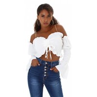 Cropped womens flare sleeve Latina top with frills white...