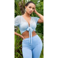 Transparent womens mesh crop top to tie baby blue