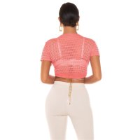 Transparent womens mesh crop top to tie coral