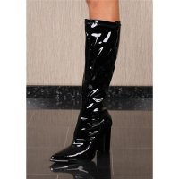 Knee-high womens patent leather boots with block heel black