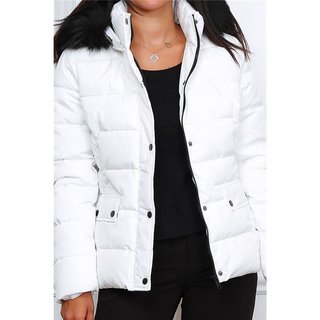 Quilted womens winter jacket with hood & fake fur white-black