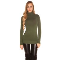 Ladies fine-knitted long sweater with turtle neck khaki