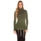 Ladies fine-knitted long sweater with turtle neck khaki